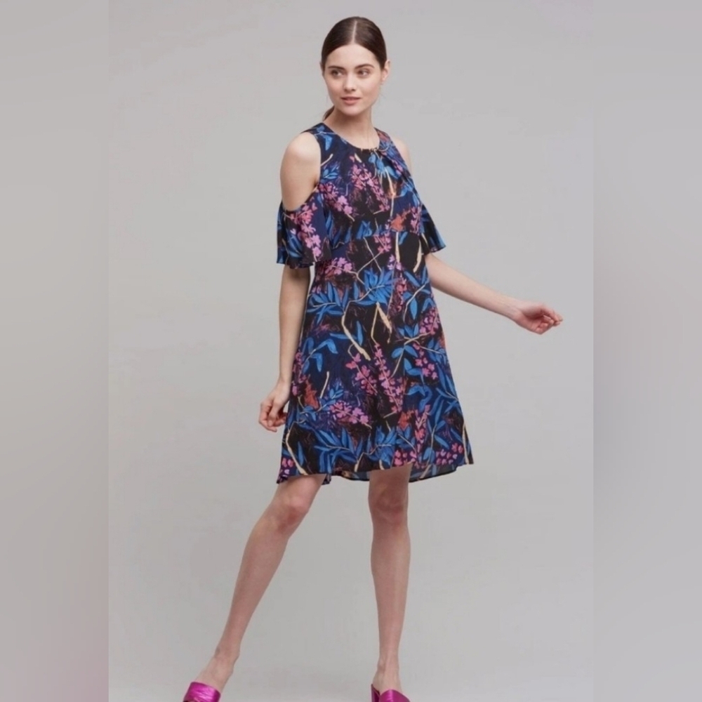Anthropologie MAEVE Elia Open- Shoulder Dress In Floral Navy Motif Size 6